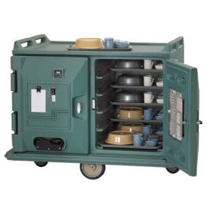 ELECTRICALLY HEATED 20 TRAY LOW PROFILE MEAL DELIVERY CART SLATE BLUE 220V - TWO CABINET